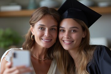Caucasian adult female with young female graduate smiling together indoors