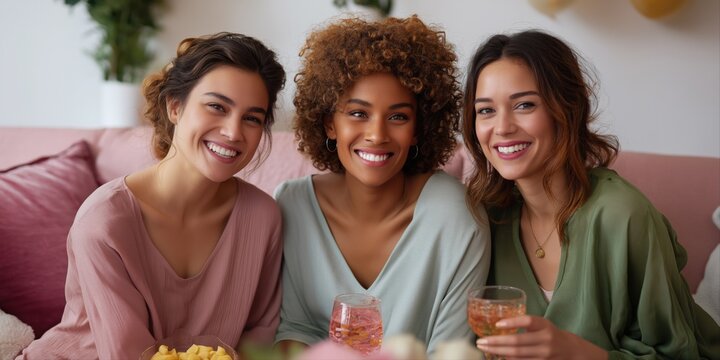 Three young women enjoying drinks and smiling in a cozy setting - Powered by Adobe