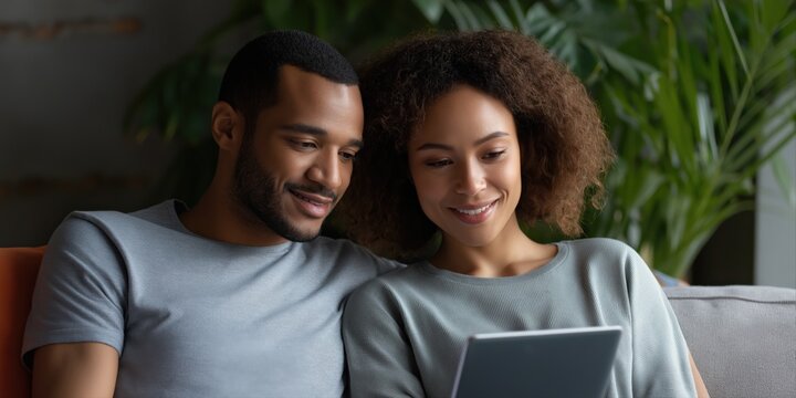 Happy african couple relaxing at home with tablet