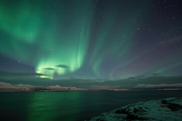 Naklejka premium Northern green lights dancing in the star-filled sky over snowy peaks and reflective waters during a winter night.