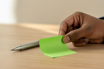 Hand picking up green sticky note next to silver pen on light wooden desk in office workspace with natural lighting