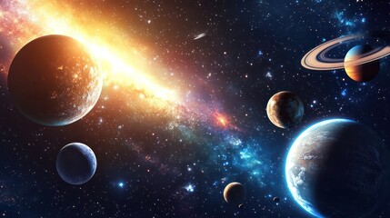 Planets and Stars in Vibrant Outer Space Galaxy Illustration