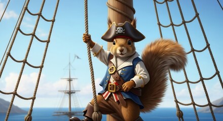 Little squirrel character dressed as a pirate on a ship climbing a rope net. Adventure sea journey concept for children book illustration.