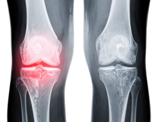 A medical X-ray image of two knees, highlighting inflammation in the joints with a red area indicating pain or injury.