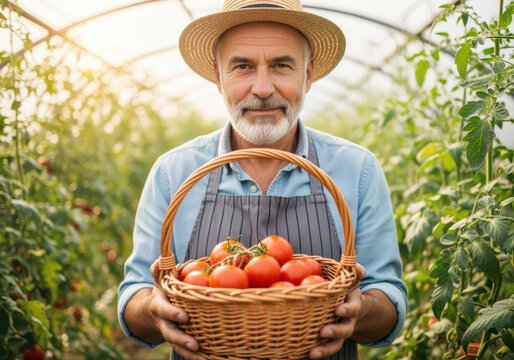 Senior man in straw hat holding a basket of fresh tomatoes in greenhouse garden, surrounded by lush green tomato plants