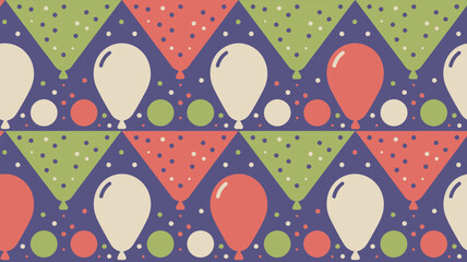 A festive pattern with balloons, triangles and circles in red, green, and white on a purple background