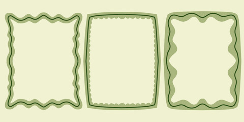 PrintSet of three organic wavy green border frames. Hand drawn wavy and curly borders vector illustration. Square and rectangle decorative frames