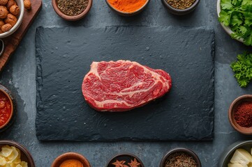 Fresh marbled beef steak presented on a stone slab with herbs and seasonings, viewed from above.