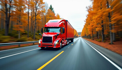 Obraz premium A red semi-truck drives on a highway surrounded by autumn trees with orange and yellow leaves. The road is clear and stretches into the distance.