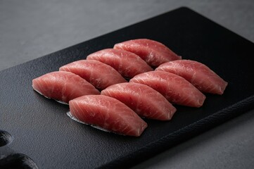Sashimi Displayed on a Dark Chopping Surface