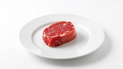 Uncooked beef fillet steak displayed on a dish against a white backdrop