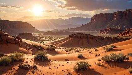Desert sunrise casting shadows
