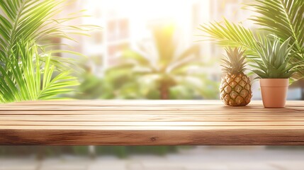 Wooden table with pineapple and potted plant under sunlight.