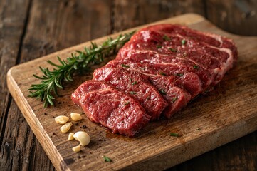 Raw beef steak with rosemary, garlic, and pepper on a wooden cutting board