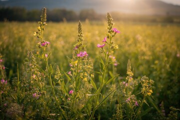 Golden yellow rapeseed blossoms begin to flourish in early spring fields