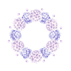 Watercolor wreath with pink and purple hydrangea flowers and petals. Hand drawn illustration isolated on white background