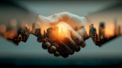 Two hands firmly shaking in a professional greeting against a backdrop of illuminated urban skyscrapers during daytime.