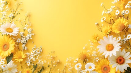 Bright yellow and white flowers adorn a sunny yellow background.