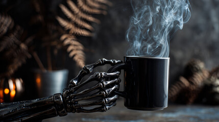 Skeleton hand holding a steaming mug in a dark setting with ferns and warm lights. Halloween background.