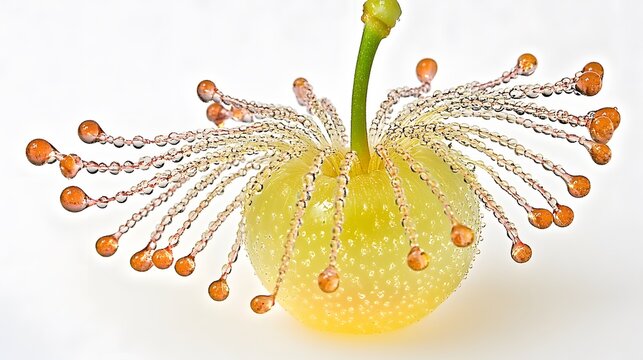 Close up yellow fruit sundew tentacles glistening against white background.