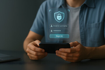 Secure mobile login interface with password and encryption. User sign in on smartphone for representing cybersecurity, authentication, privacy protection, and safe digital identity access