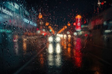 Fototapeta premium Bus window adorned with raindrops and glowing lights
