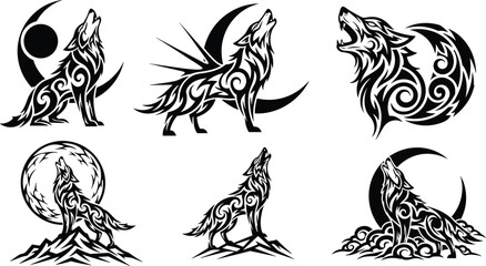 Tribal wolf illustration, howling at moon, black vector design, tattoo art, animal spirit, night symbol, strength, wild nature, mystic, power