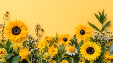Vibrant yellow flowers bloom against a bright yellow background, celebrating nature.