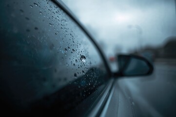 Raindrops splattered on vehicle window during a downpour