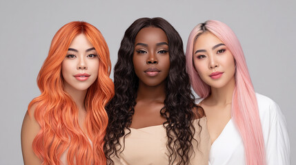 Three women with diverse hairstyles and colors pose together against a neutral backdrop, showcasing beauty and individuality