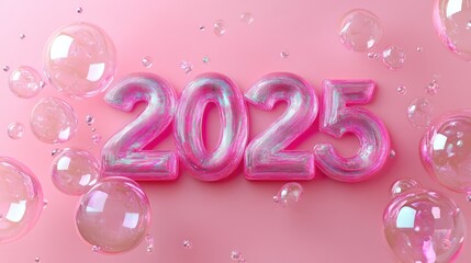 Pink 2025 Numbers with Iridescent Finish and Bubbles on Pastel Background