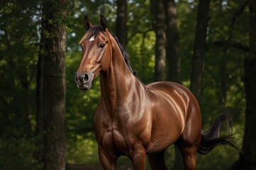 Naklejka premium Portrait of a Racehorse Against a Dark Forest Backdrop in Summer