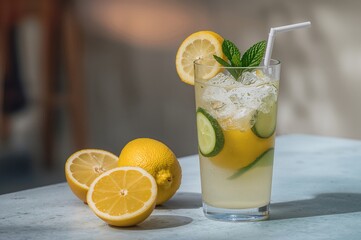 Refreshing summer drink with lemon, cucumber, and mint in an outdoor setting