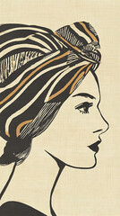 This artwork features a sophisticated woman in profile, adorned with a bold headscarf in black and gold stripes. Contemporary ink illustration.
