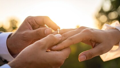 Close Up of a Groom Placing a Ring on Bride's Finger with Warm Sunlight and Bokeh Background