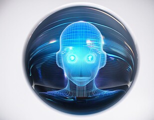 Futuristic AI Head Hologram in Sphere.