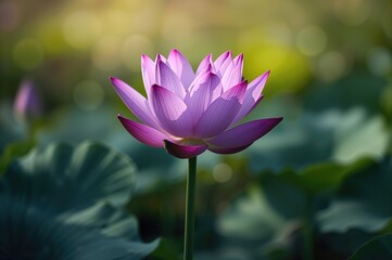 Obraz premium Blooming Purple Lotus in a Natural Water Garden with Green Leaves
