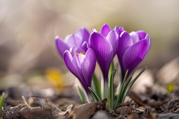 Fototapeta premium Vivid purple crocuses against a soft, blurred backdrop highlighting spring hues