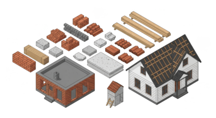 Isometric house building construction process