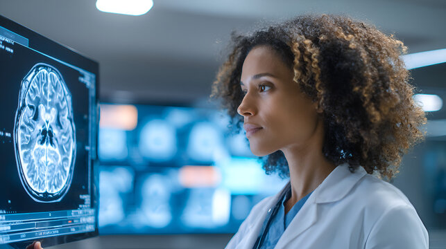 Doctor examining brain scans monitor displays neurological images - Powered by Adobe
