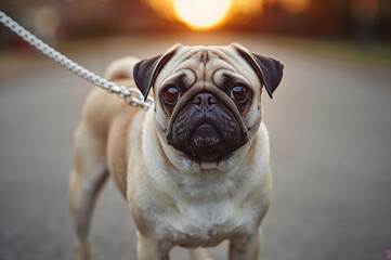 Obraz premium Pug dog on the street at dusk gazing at the camera with a chain