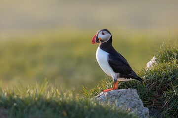 Fototapeta premium Bird perched on a stone amid grassy terrain