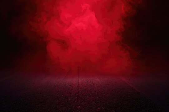 Fototapeta Futuristic digital scene with neon lights and smoky atmosphere in an empty dark red studio space