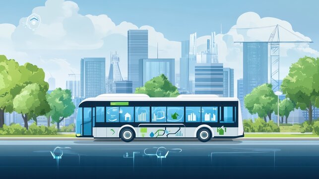 Public transport bus driving through urban landscape city center digital art sunny day side view sustainability concept