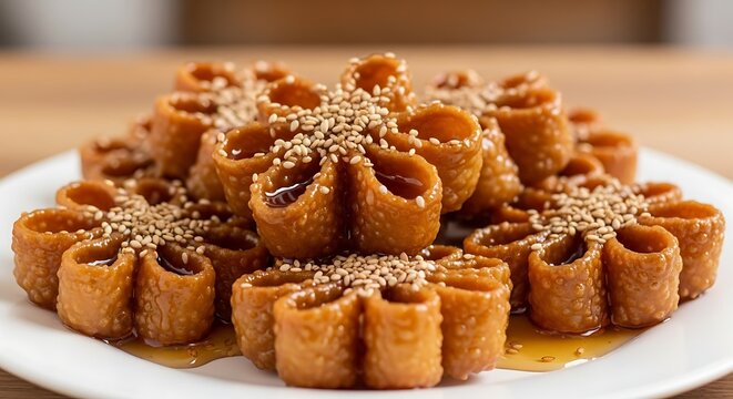 Pile of Traditional Honey and Sesame Flower-Shaped Pastries