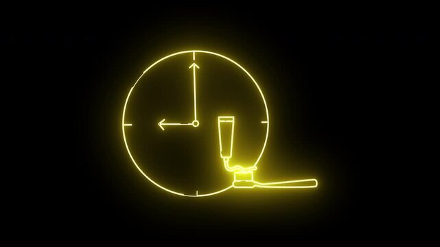 Glowing neonyellow outline clock toothpaste tube and toothbrush against a black background