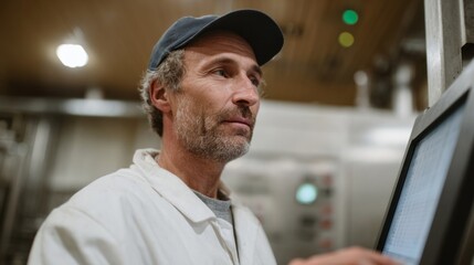 A contemplative Caucasian male technician in a white coat operates brewery machinery during Oktoberfest's bustling festivities and World Science Day