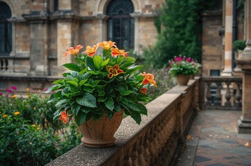 Terrace Display of a Potted Greenery on an Old Architecture