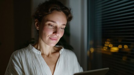 A contemplative Caucasian woman, bathed in moonlit glow while reading, evokes Hygge serenity and International Literacy Day musings