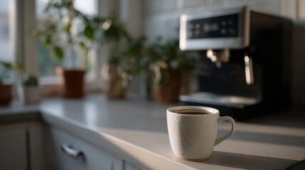 A solitary coffee cup, bathed in golden morning light, whispers of tranquil kitchen rituals and International Coffee Day serenity